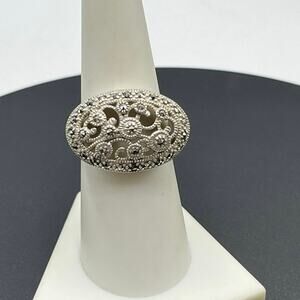 TJ 925 G Signed Designer Oval Sterling Silver Oval Filigree Ring Sz 7.5